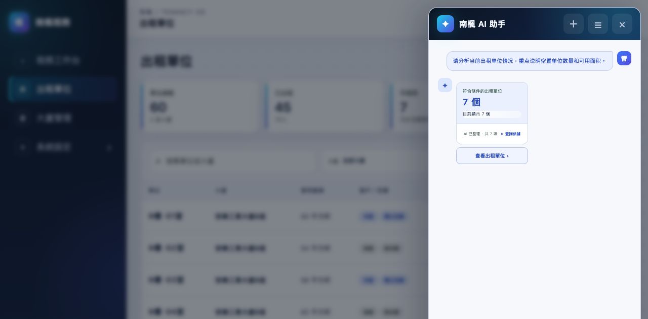 南楓AI租務助手根据实时业务数据分析出租单位并返回 7 个符合条件的单位